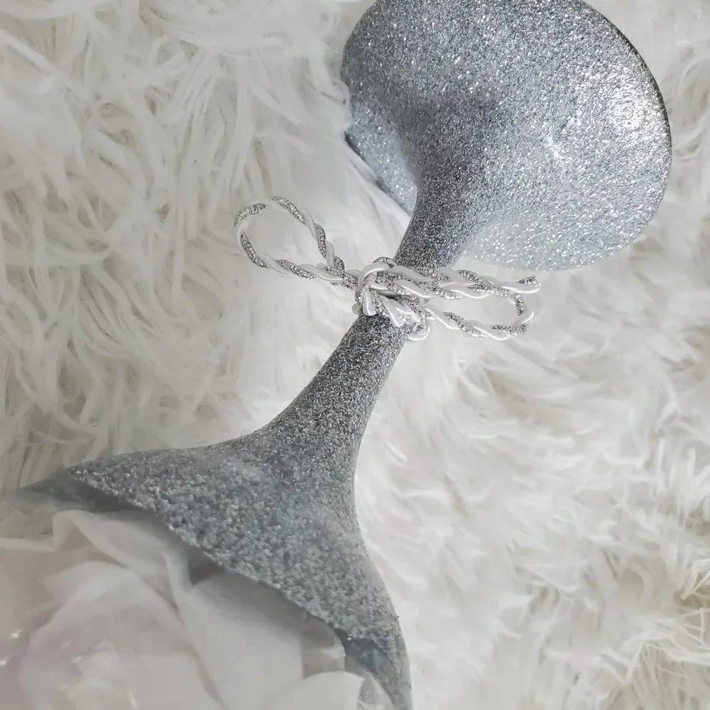 Cheers To The New Year, New Year's Silver Glittered Stemmed Wine Glass
